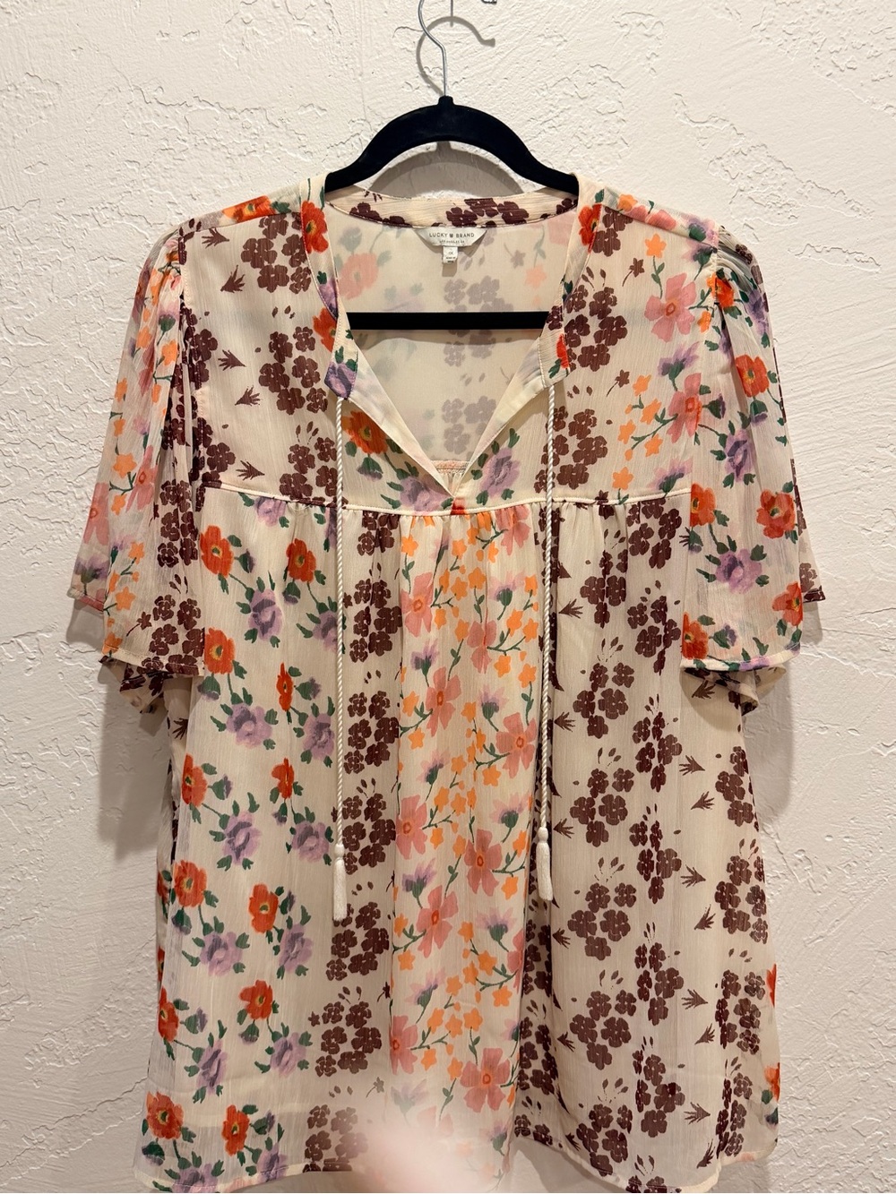 Lucky Brand Cream Floral Tie-Front Blouse with Orange & Purple Accents
